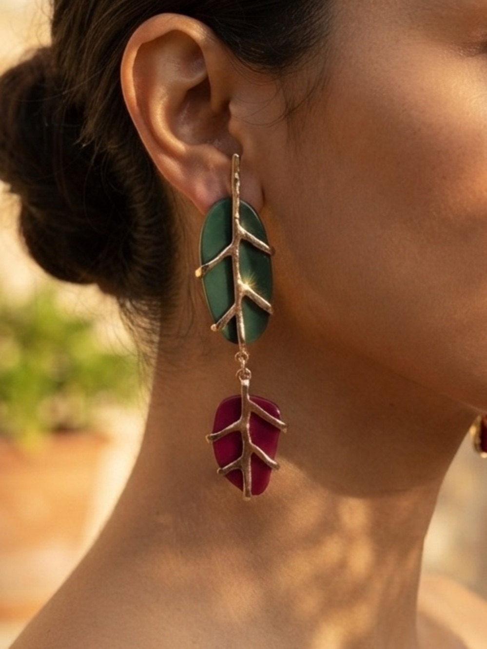 ✨ Botanical Drop Earrings – Gold-Tone Branch Accents with Green & Burgundy Leave